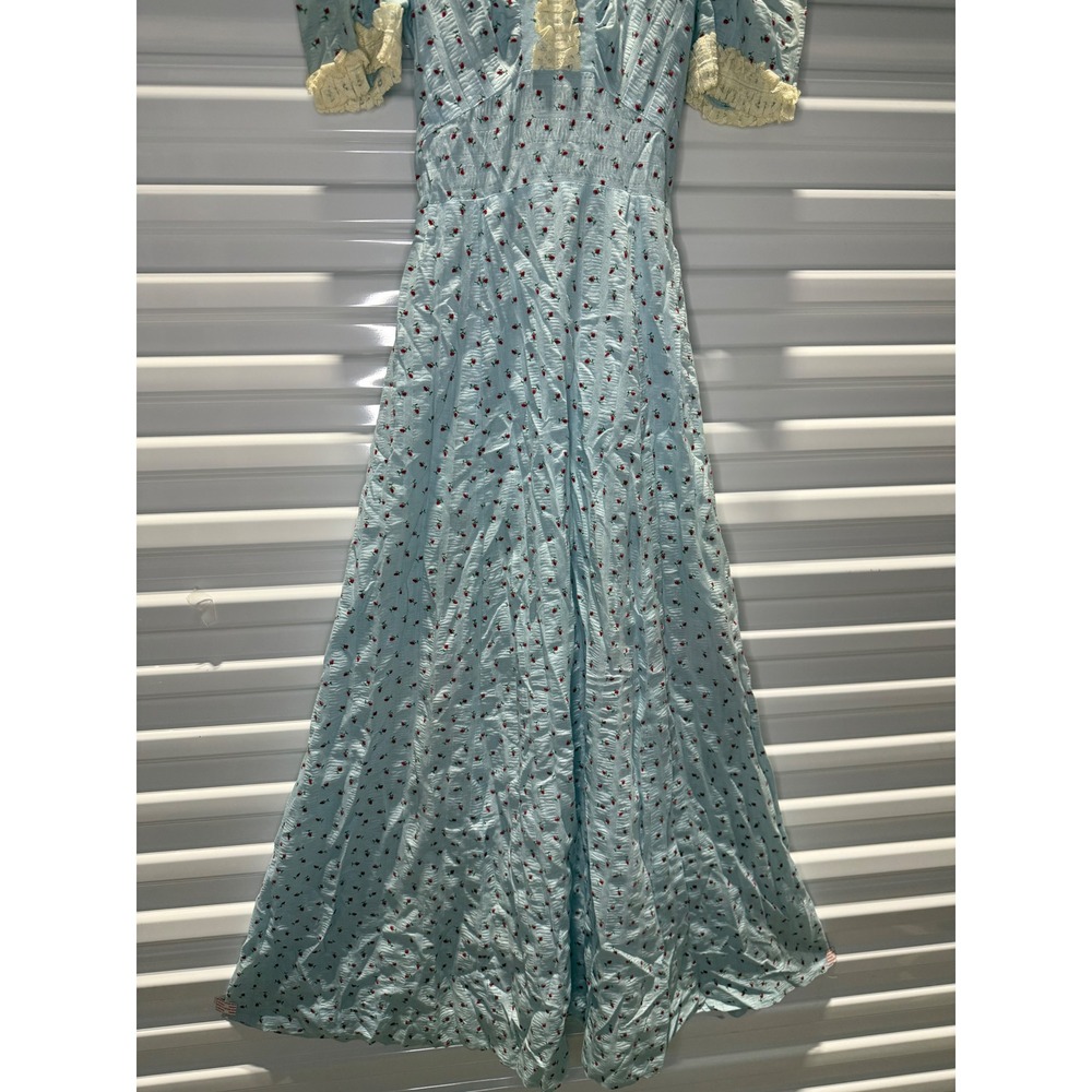 Vintage 1940's Seersucker Rose Floral Maxi Dress Lace Trim Prairie Cottagecore - Picture 3 of 7